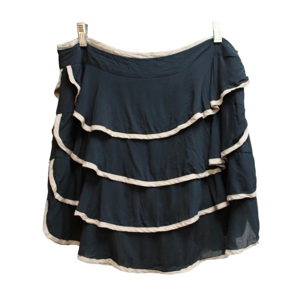 Anthropologie Navy Blue Tiered Mini Skirt with Cream Trim